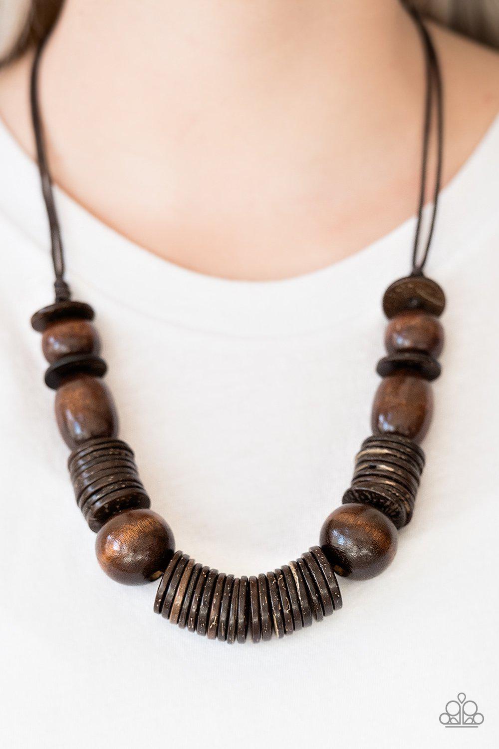 You Better BELIZE It Brown Wood Necklace - Paparazzi Accessories - model -CarasShop.com - $5 Jewelry by Cara Jewels