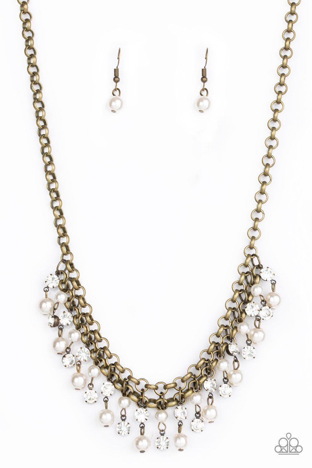 You May Kiss The Bride Brass and White Rhinestone Necklace - Paparazzi Accessories-CarasShop.com - $5 Jewelry by Cara Jewels