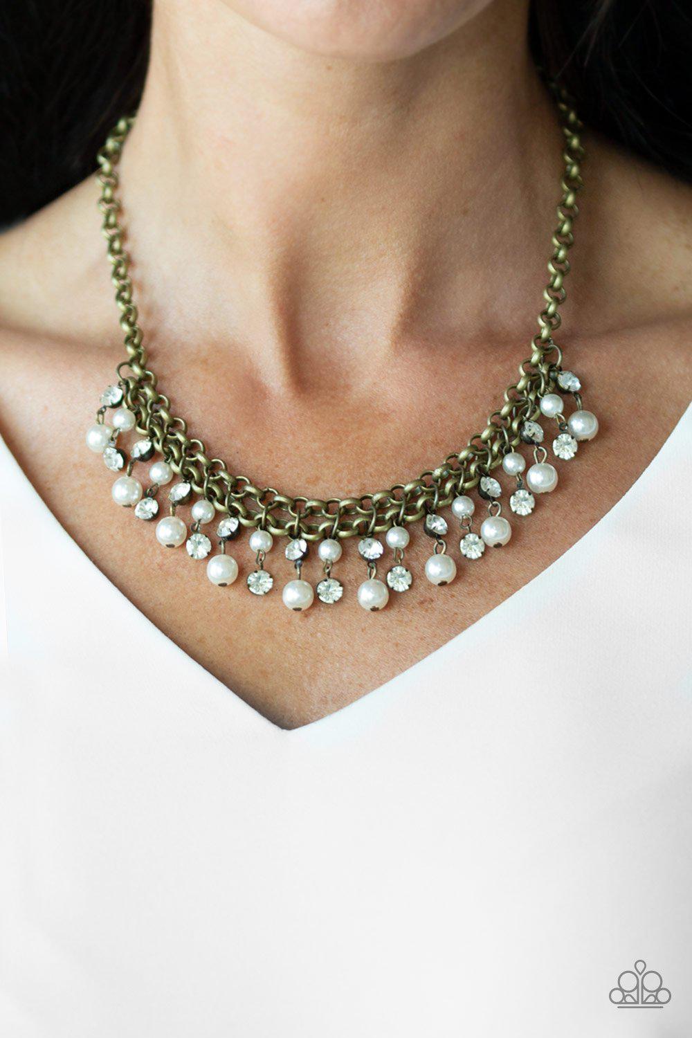 You May Kiss The Bride Brass and White Rhinestone Necklace - Paparazzi Accessories-CarasShop.com - $5 Jewelry by Cara Jewels