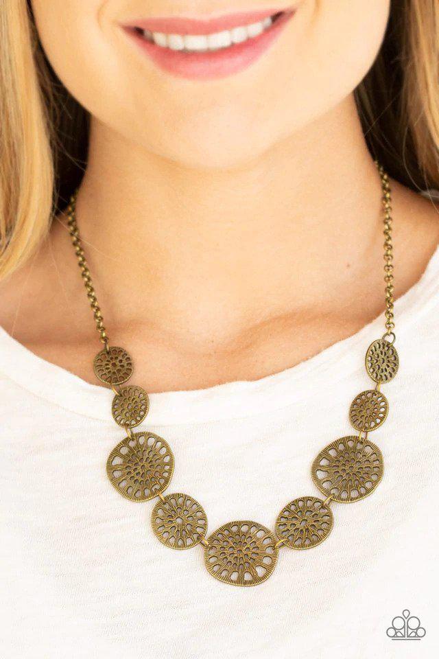 Your Own Free Wheel Brass Necklace - Paparazzi Accessories- on model - CarasShop.com - $5 Jewelry by Cara Jewels