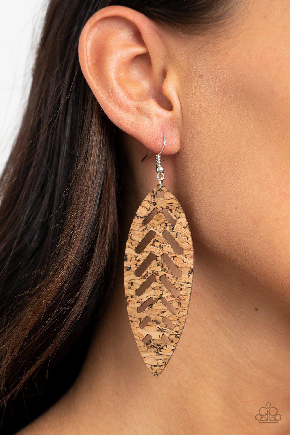 You're Such A CORK Brown Leaf Earrings - Paparazzi Accessories-CarasShop.com - $5 Jewelry by Cara Jewels