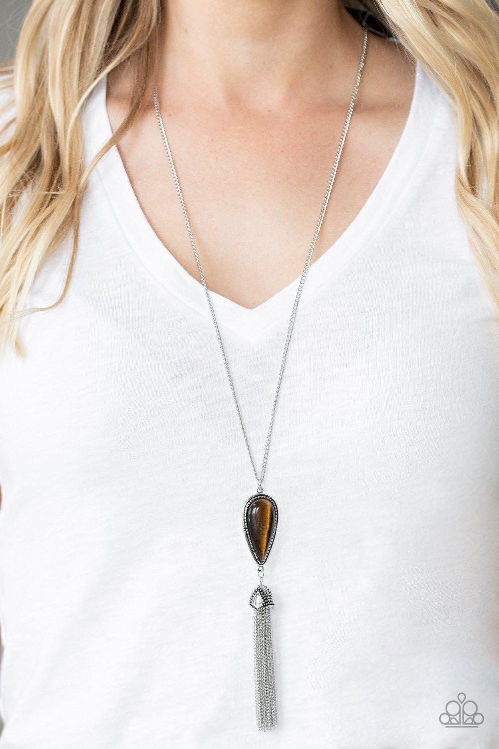 Zen Generation Brown Tiger's Eye Tassel Necklace - Paparazzi Accessories-CarasShop.com - $5 Jewelry by Cara Jewels
